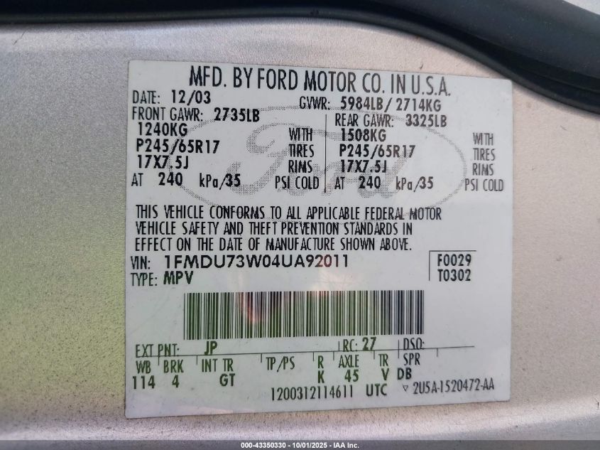 2004 Ford Explorer Nbx/Xlt VIN: 1FMDU73W04UA92011 Lot: 43350330