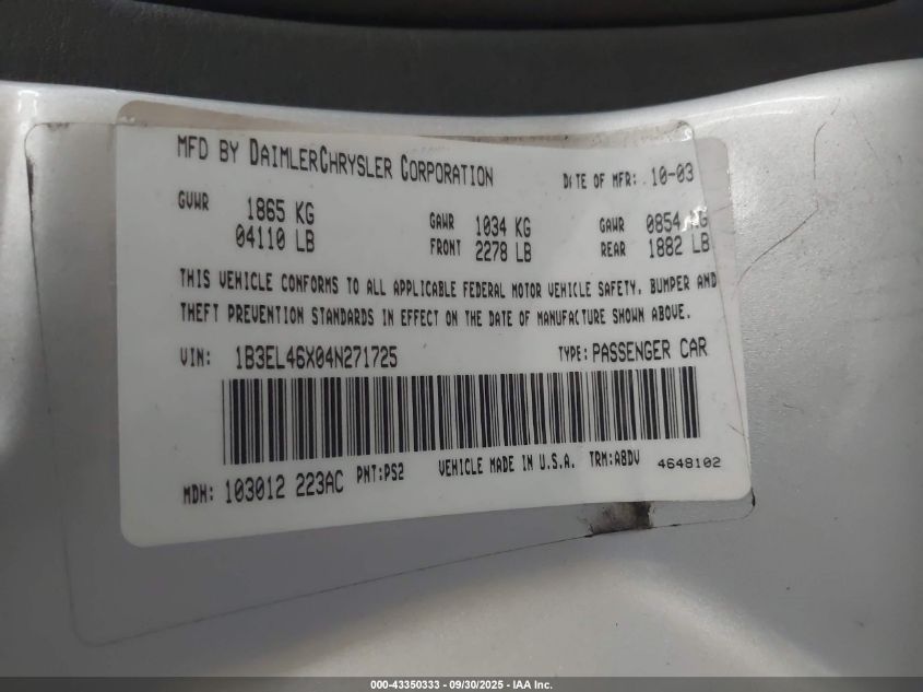 2004 Dodge Stratus Sxt VIN: 1B3EL46X04N271725 Lot: 43350333