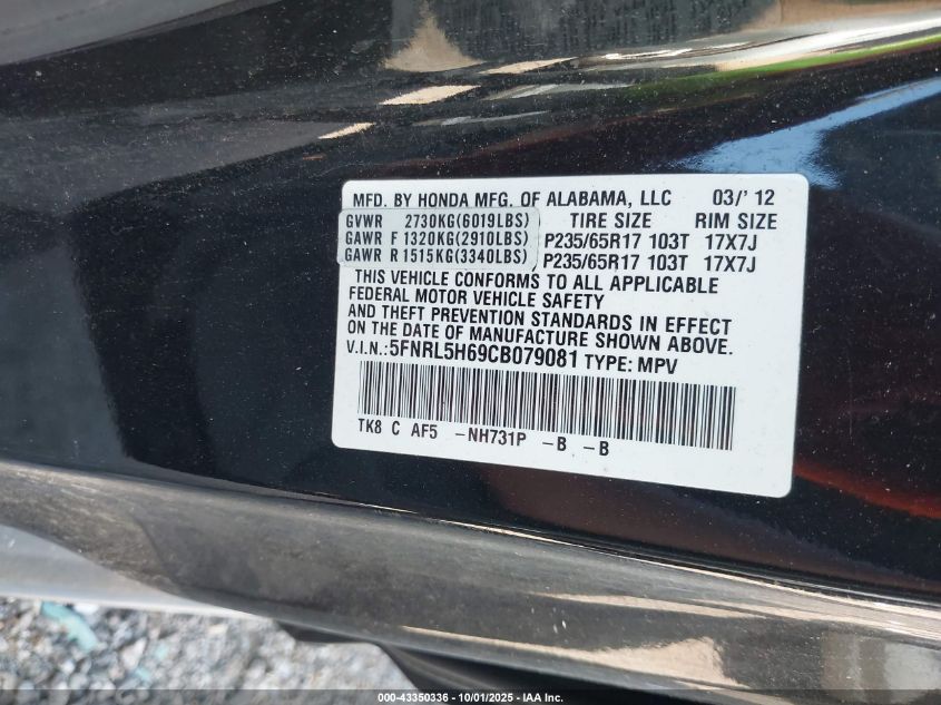 2012 Honda Odyssey Ex-L VIN: 5FNRL5H69CB079081 Lot: 43350336