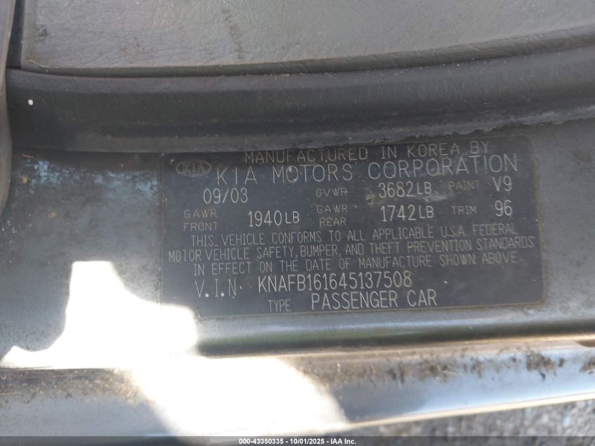 2004 Kia Spectra Gs/Gsx VIN: KNAFB161645137508 Lot: 43350335