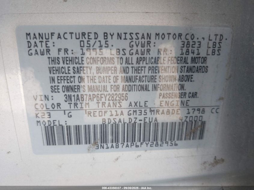 2015 Nissan Sentra Sv VIN: 3N1AB7AP6FY282956 Lot: 43350337