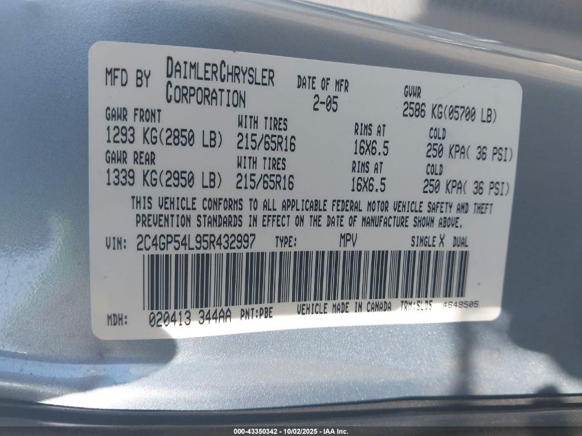 2005 Chrysler Town & Country Touring VIN: 2C4GP54L95R432997 Lot: 43350342