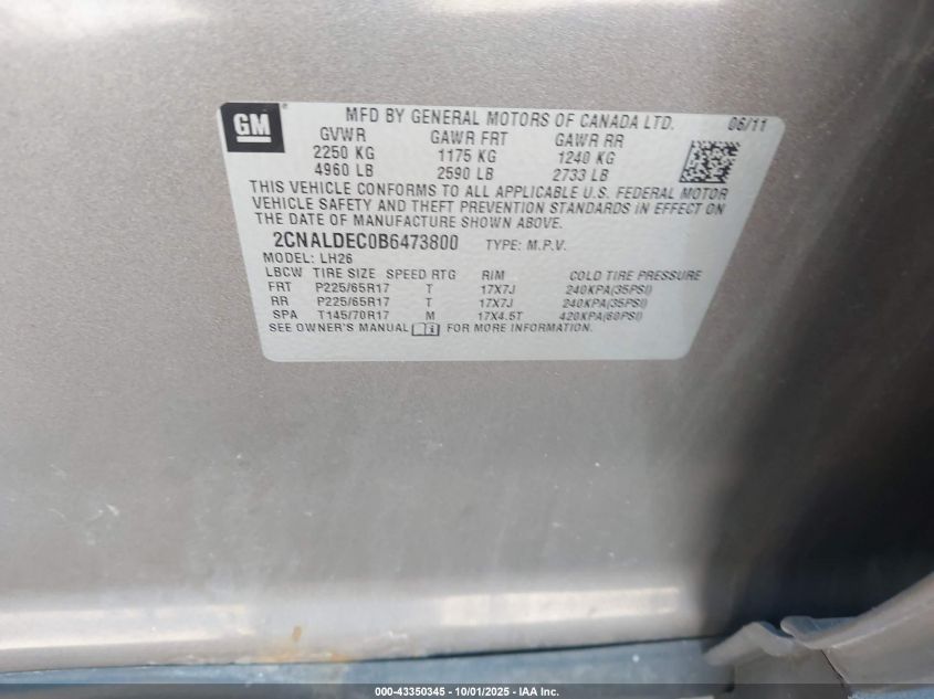 2011 Chevrolet Equinox 1Lt VIN: 2CNALDEC0B6473800 Lot: 43350345