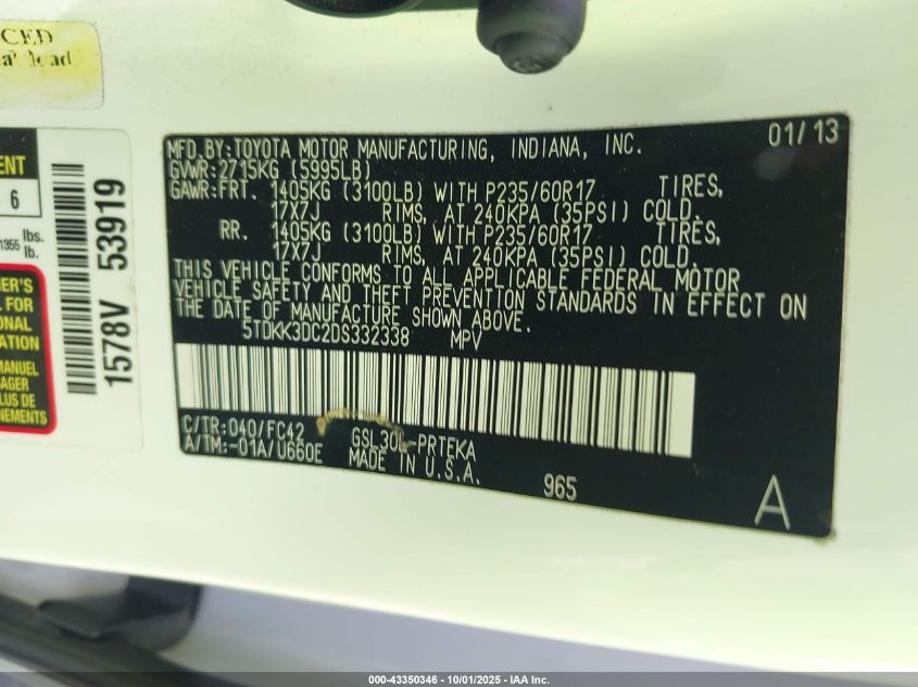 2013 Toyota Sienna Le V6 8 Passenger VIN: 5TDKK3DC2DS332338 Lot: 43350346