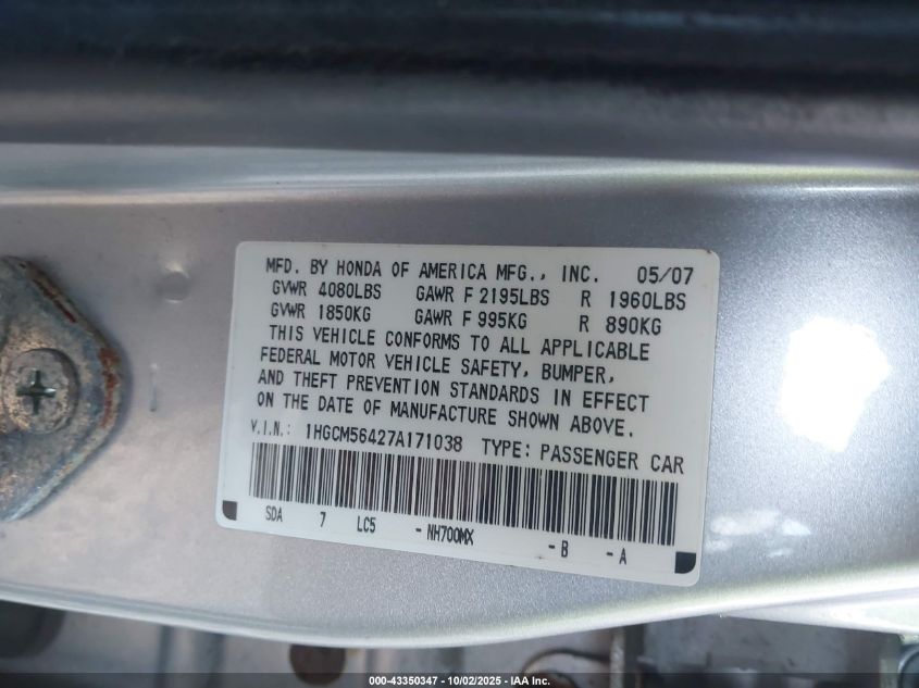2007 Honda Accord 2.4 Lx VIN: 1HGCM56427A171038 Lot: 43350347