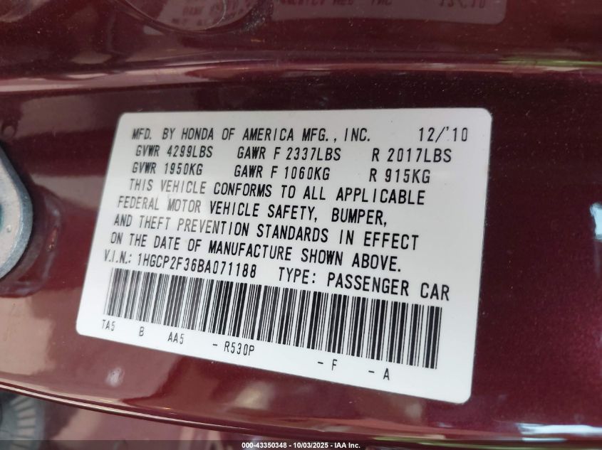 2011 Honda Accord 2.4 Lx VIN: 1HGCP2F36BA071188 Lot: 43350348