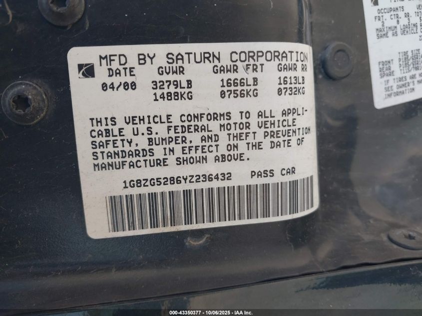 2000 Saturn Sl1 VIN: 1G8ZG5286YZ236432 Lot: 43350377