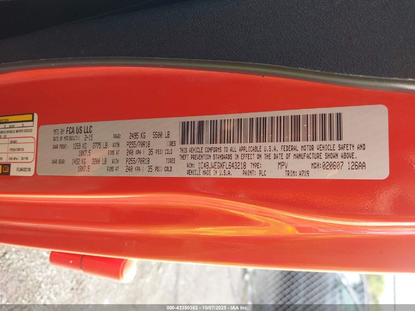 2015 Jeep Wrangler Unlimited Sahara VIN: 1C4BJWEGXFL643218 Lot: 43350382