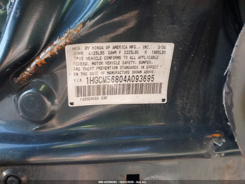 2004 Honda Accord 2.4 Ex VIN: 1HGCM56804A093695 Lot: 43350392