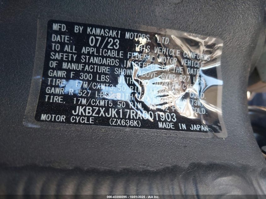 2024 Kawasaki Zx636 K VIN: JKBZXJK17RA001903 Lot: 43350395