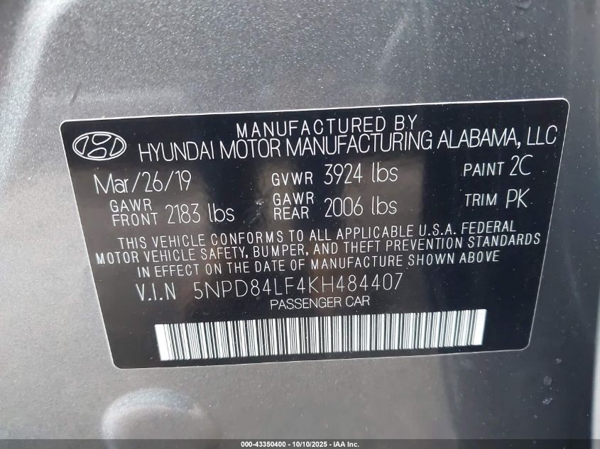 2019 Hyundai Elantra Sel VIN: 5NPD84LF4KH484407 Lot: 43350400