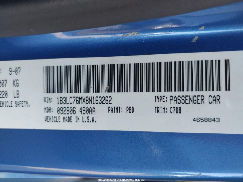 2008 Dodge Avenger R/T VIN: 1B3LC76MX8N163262 Lot: 43350403