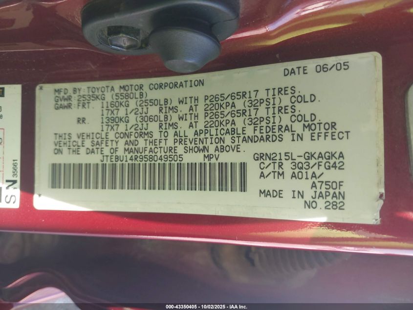 2005 Toyota 4Runner Sr5 V6 VIN: JTEBU14R958049505 Lot: 43350405