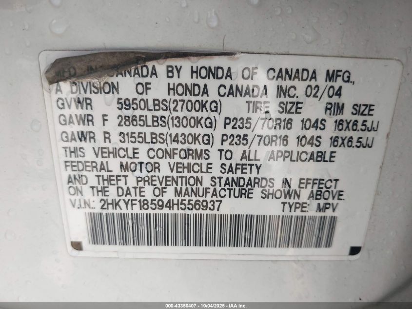 2004 Honda Pilot Ex-L VIN: 2HKYF18594H556937 Lot: 43350407