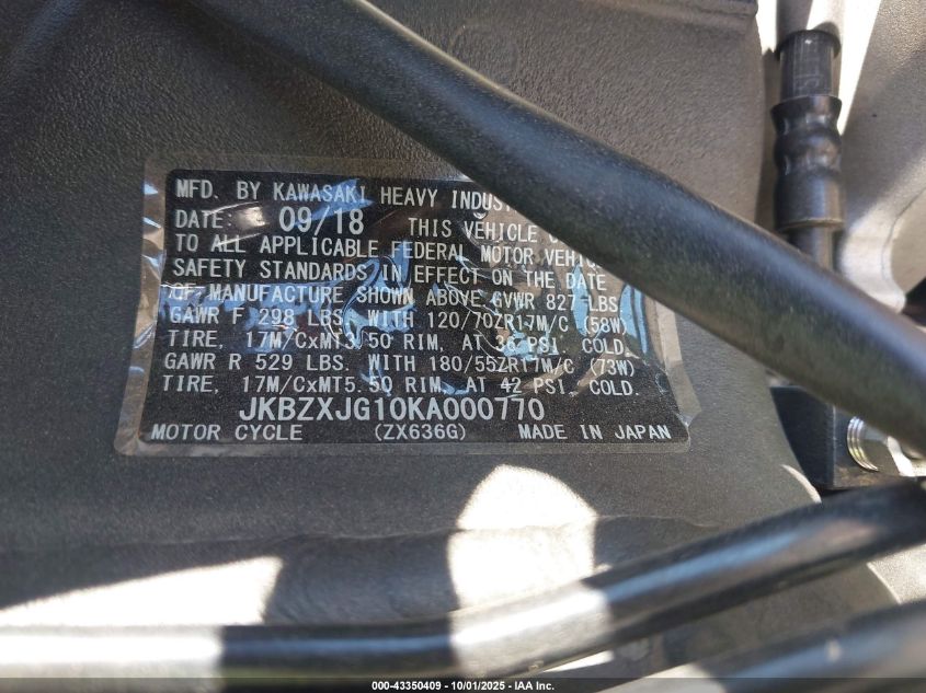 2019 Kawasaki Zx636 K VIN: JKBZXJG10KA000770 Lot: 43350409