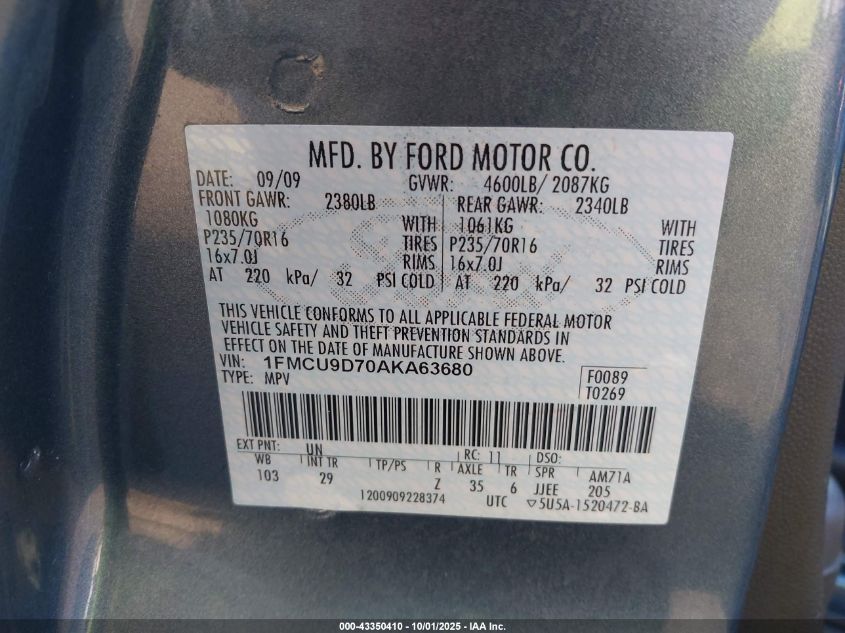 2010 Ford Escape Xlt VIN: 1FMCU9D70AKA63680 Lot: 43350410