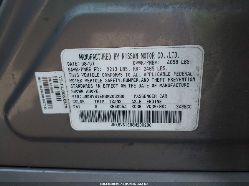 2008 Infiniti G35 Journey VIN: JNKBV61E88M200280 Lot: 43350419