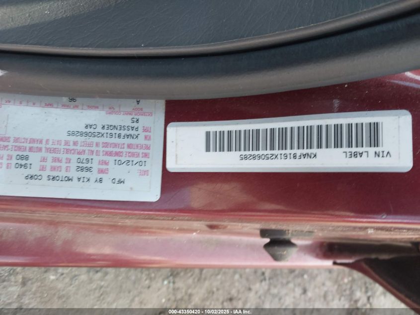 2002 Kia Spectra Gs/Gsx VIN: KNAFB161X25068285 Lot: 43350420