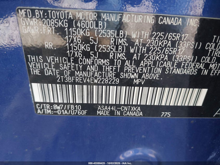 2014 Toyota Rav4 Le VIN: 2T3BFREV4EW228229 Lot: 43350425