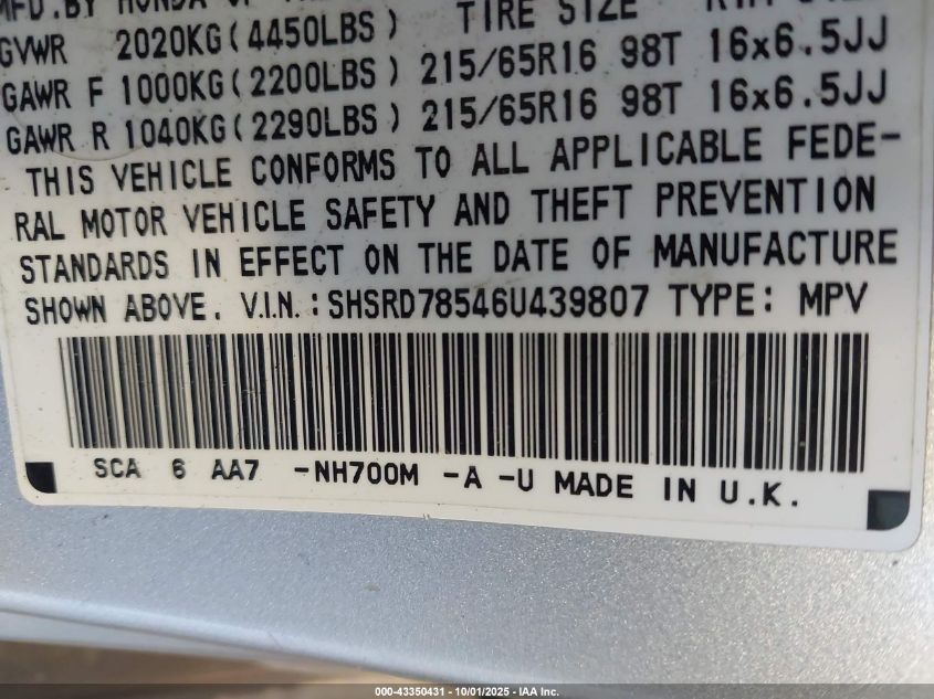 2006 Honda Cr-V Lx VIN: SHSRD78546U439807 Lot: 43350431