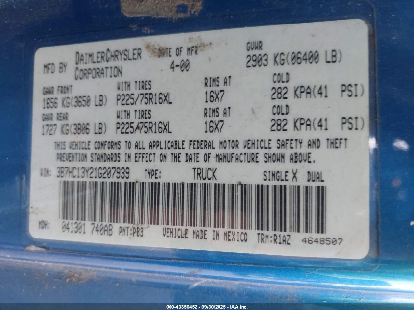 2001 Dodge Ram 1500 St VIN: 3B7HC13Y21G207939 Lot: 43350452