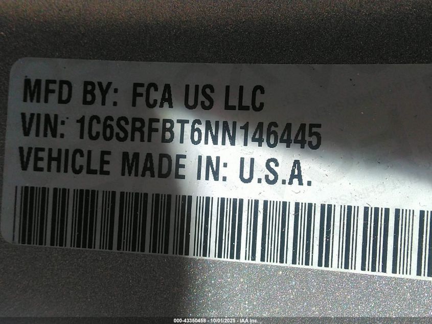 2022 Ram 1500 Big Horn 4X4 6'4 Box VIN: 1C6SRFBT6NN146445 Lot: 43350458