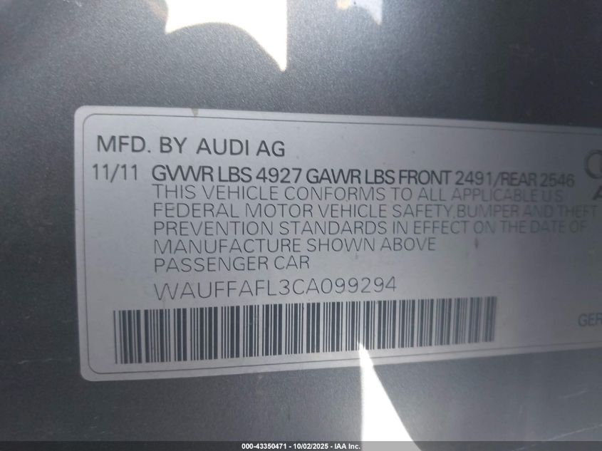 2012 Audi A4 2.0T Premium VIN: WAUFFAFL3CA099294 Lot: 43350471