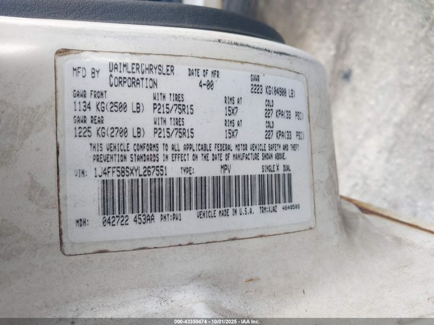 2000 Jeep Cherokee Classic VIN: 1J4FF58SXYL267551 Lot: 43350474