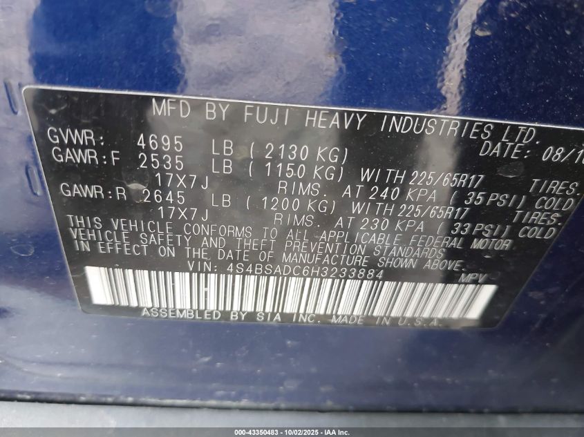 2017 Subaru Outback 2.5I Premium VIN: 4S4BSADC6H3233884 Lot: 43350483