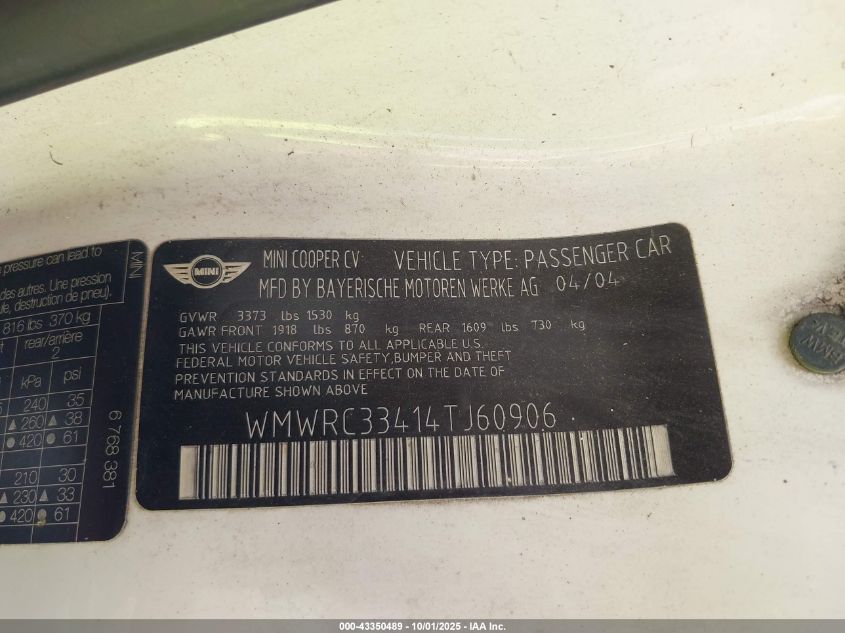 2004 Mini Cooper VIN: WMWRC33414TJ60906 Lot: 43350489