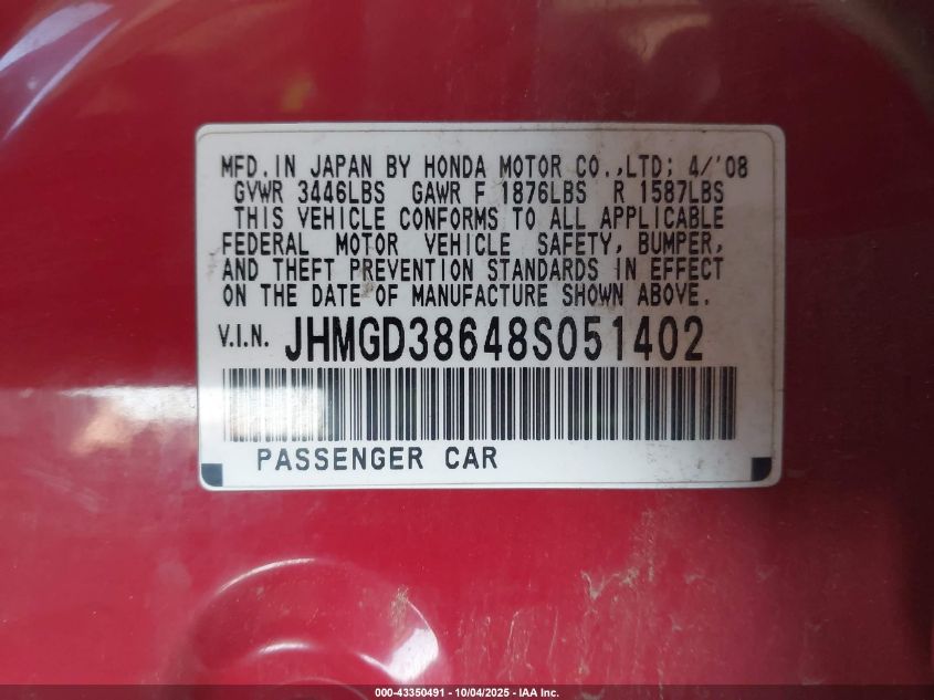 2008 Honda Fit Sport VIN: JHMGD38648S051402 Lot: 43350491