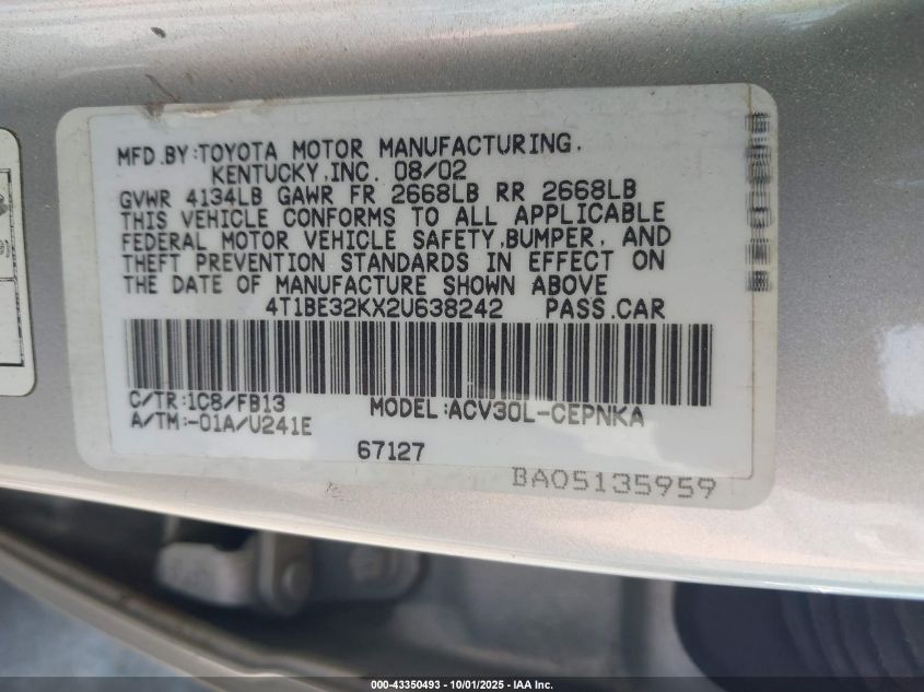 2002 Toyota Camry Le VIN: 4T1BE32KX2U638242 Lot: 43350493