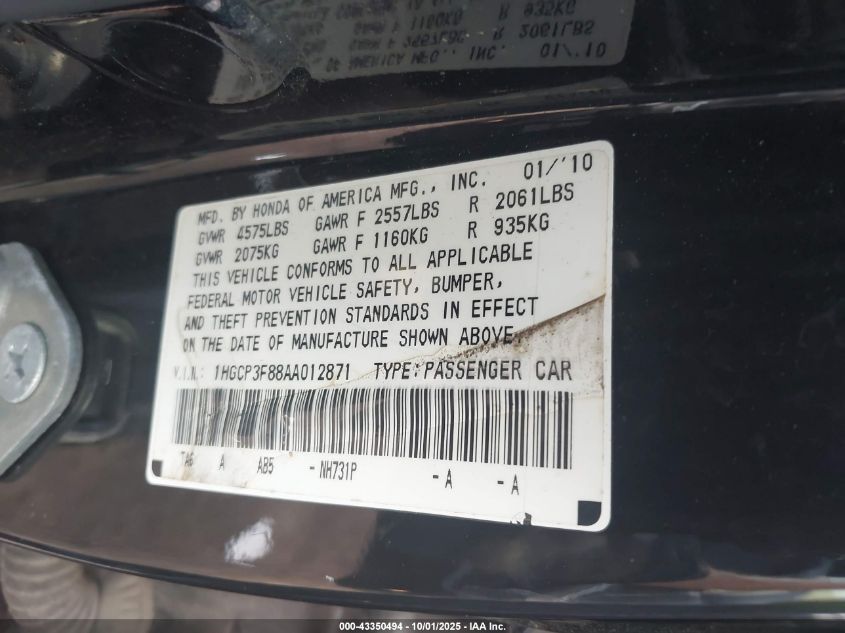 2010 Honda Accord 3.5 Ex-L VIN: 1HGCP3F88AA012871 Lot: 43350494
