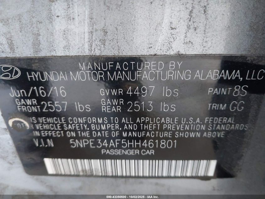 2017 Hyundai Sonata Sport VIN: 5NPE34AF5HH461801 Lot: 43350500