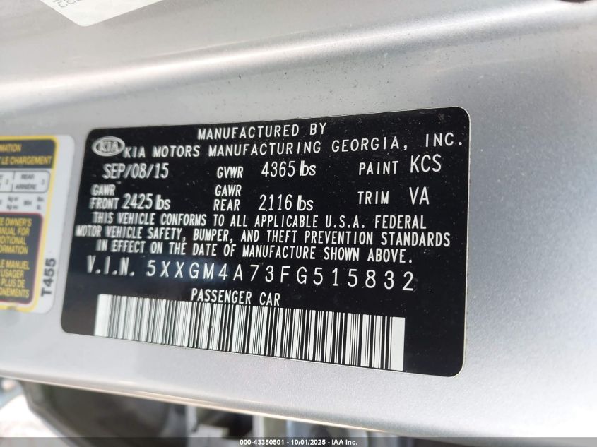 2015 Kia Optima Lx VIN: 5XXGM4A73FG515832 Lot: 43350501