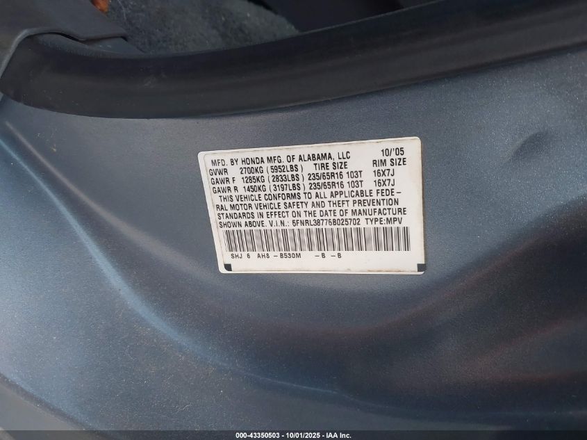 2006 Honda Odyssey Ex-L VIN: 5FNRL38776B025702 Lot: 43350503