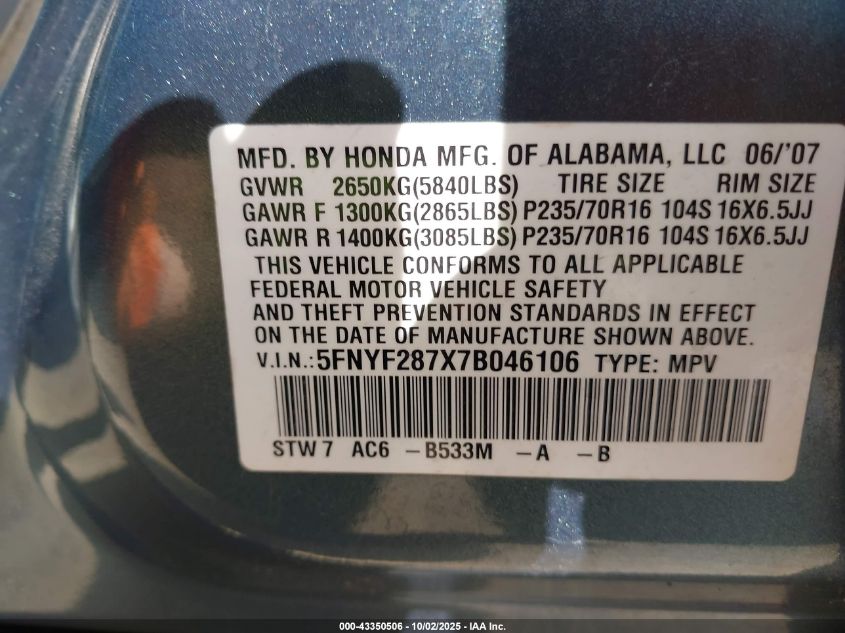 2007 Honda Pilot Ex-L VIN: 5FNYF287X7B046106 Lot: 43350506