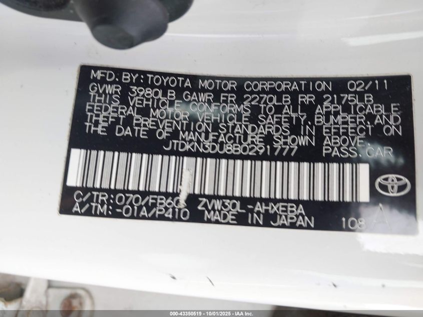 2011 Toyota Prius Two VIN: JTDKN3DU8B0291777 Lot: 43350519