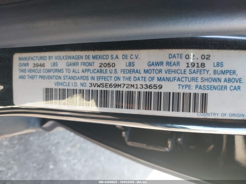 2002 Volkswagen Jetta Gls 1.8L VIN: 3VWSE69M72M133659 Lot: 43350533