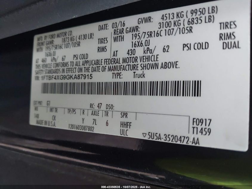 2016 Ford Transit-350 VIN: 1FTBF4XG9GKA87915 Lot: 43350535