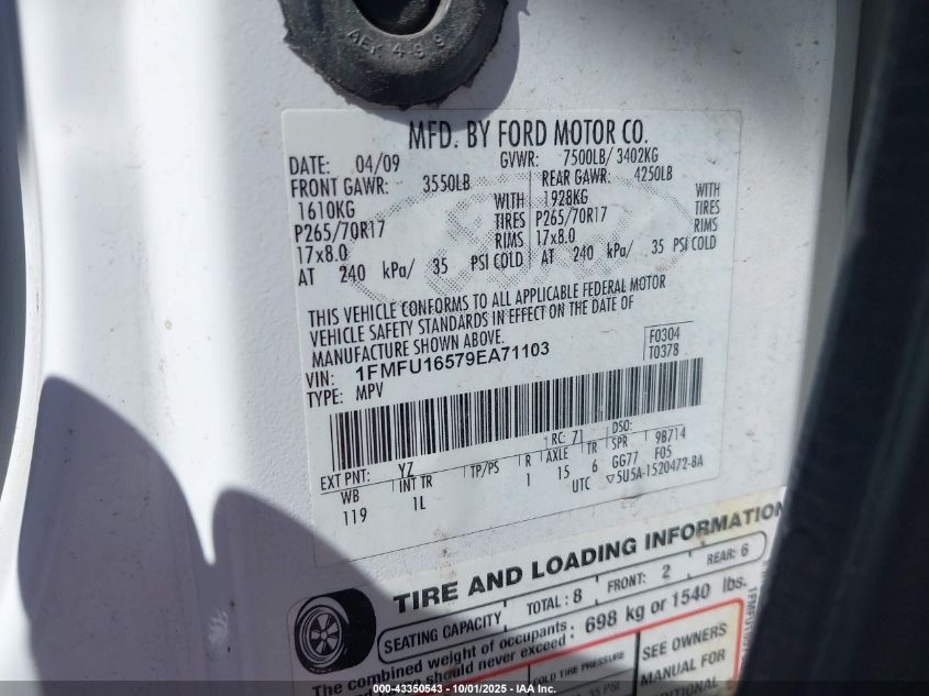 2009 Ford Expedition Xlt VIN: 1FMFU16579EA71103 Lot: 43350543