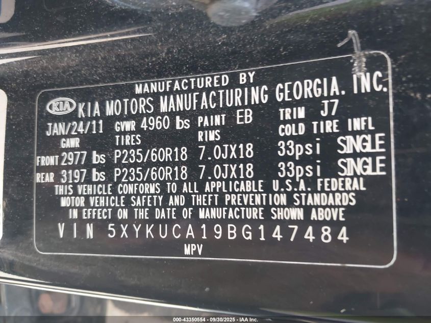 2011 Kia Sorento Ex VIN: 5XYKUCA19BG147484 Lot: 43350554