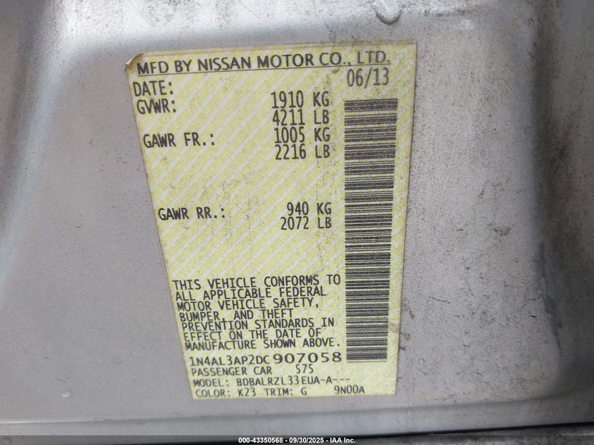 2013 Nissan Altima 2.5 S VIN: 1N4AL3AP2DC907058 Lot: 43350568