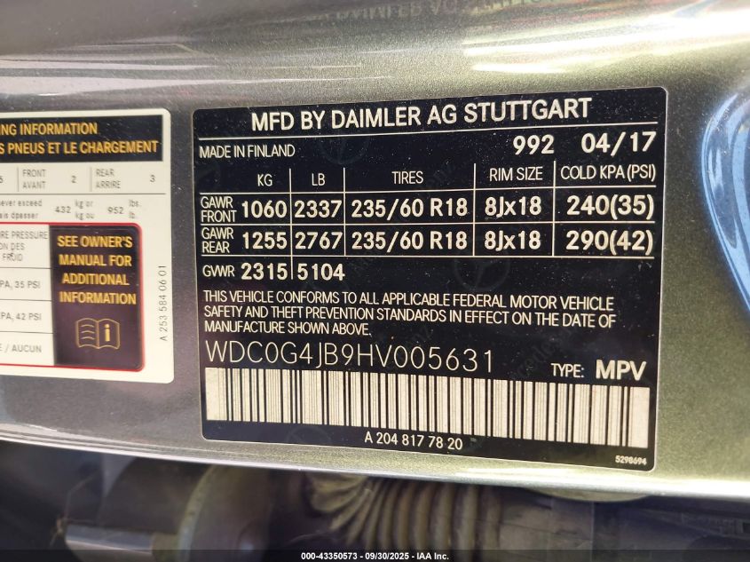 2017 Mercedes-Benz Glc 300 VIN: WDC0G4JB9HV005631 Lot: 43350573