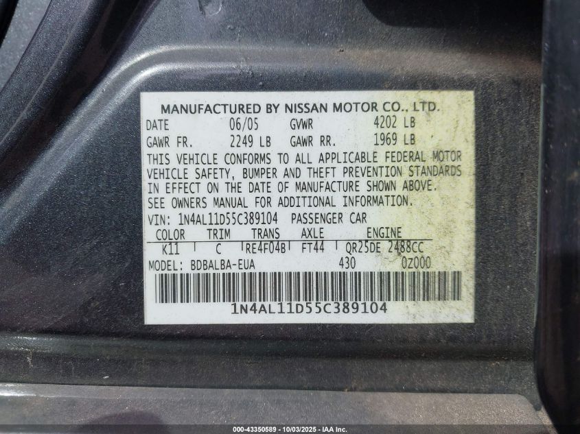 2005 Nissan Altima 2.5 S VIN: 1N4AL11D55C389104 Lot: 43350589