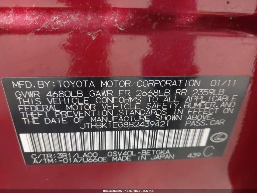 2011 Lexus Es 350 VIN: JTHBK1EG8B2439421 Lot: 43350597
