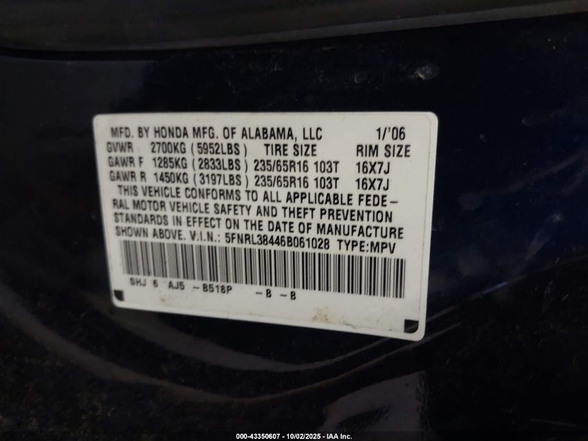 2006 Honda Odyssey Ex VIN: 5FNRL38446B061028 Lot: 43350607