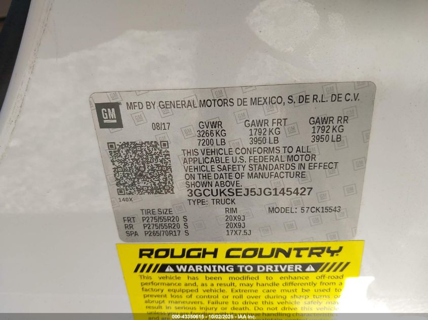 2018 Chevrolet Silverado 1500 1Lz VIN: 3GCUKSEJ5JG145427 Lot: 43350615