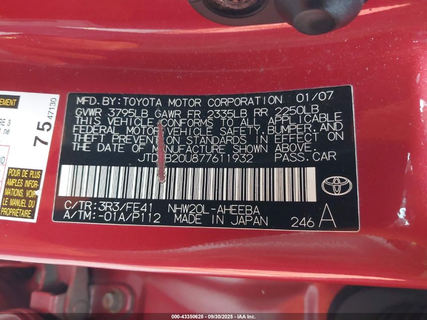 2007 Toyota Prius VIN: JTDKB20U877611932 Lot: 43350628