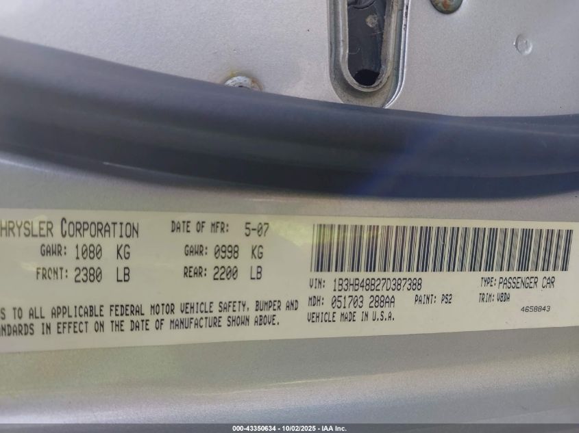 2007 Dodge Caliber Sxt VIN: 1B3HB48B27D387388 Lot: 43350634